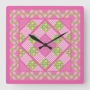 Cuadrado Reloj cuadrado: rosa: rosas, puntos de polka, Ging