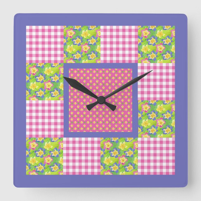Cuadrado Reloj cuadrado: rosa: rosas, puntos de polka, Ging (Anverso)