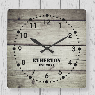 Cuadrado Reloj de acrílico de estilo rústico de madera temp