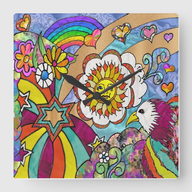 Cuadrado Reloj de águila del sol psicodélico de los años 60 (Anverso)