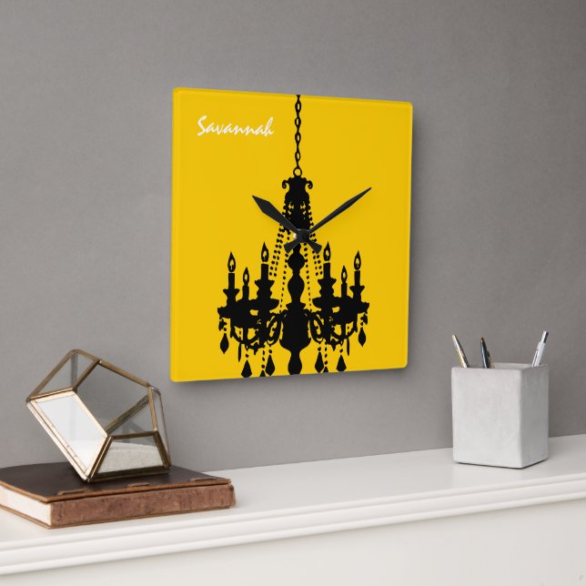Cuadrado Reloj de araña amarillo mostaza personalizado (Oficina)