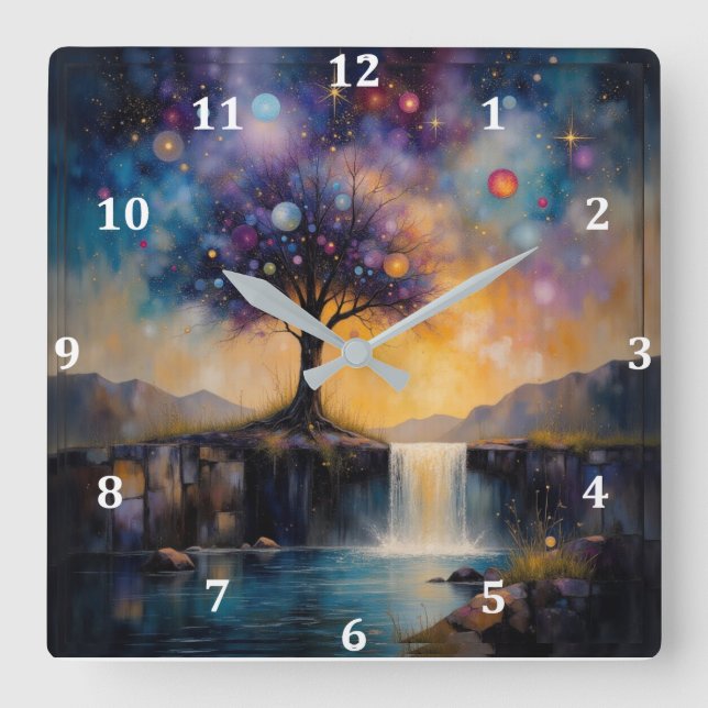 Cuadrado Reloj de árbol y cascada (Anverso)