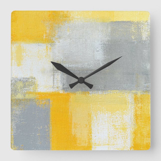 Cuadrado Reloj de arte abstracto "Sneaky" gris y amarillo (Anverso)