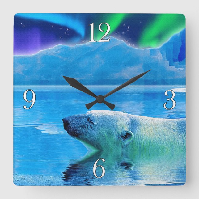 Cuadrado Reloj de arte de baño Polar Bear y Aurora (Anverso)