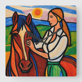 Cuadrado Reloj de arte de crayón de caballo y mujer
