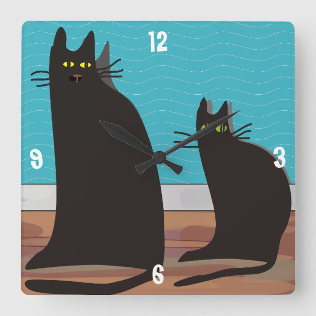 Cuadrado Reloj de arte de dos gatos negros (Anverso)