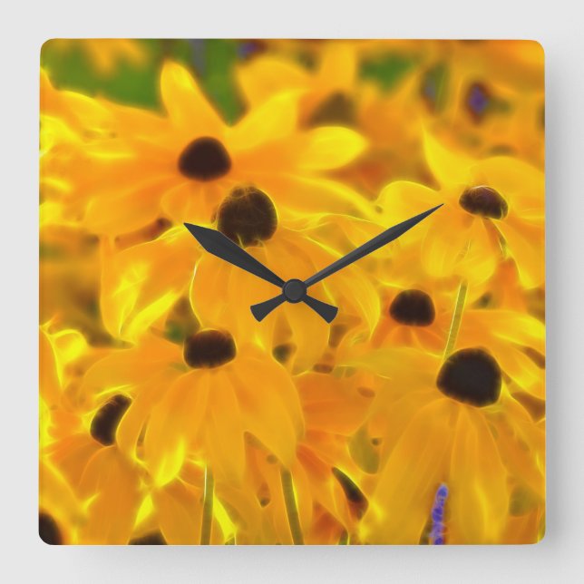 Cuadrado Reloj de arte floral de flores amarillas marrones (Anverso)