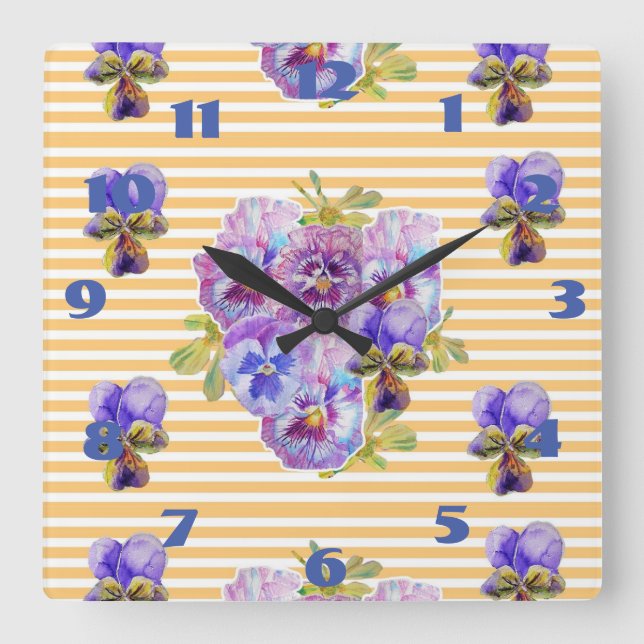 Cuadrado Reloj de arte floral de pensamientos amarillos Sha (Anverso)