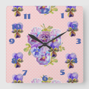 Cuadrado Reloj de arte floral de pensamientos rosas Shabby 