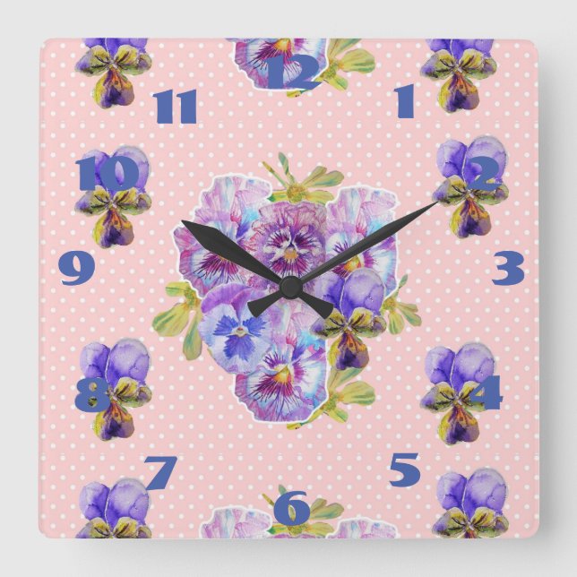 Cuadrado Reloj de arte floral de pensamientos rosas Shabby  (Anverso)