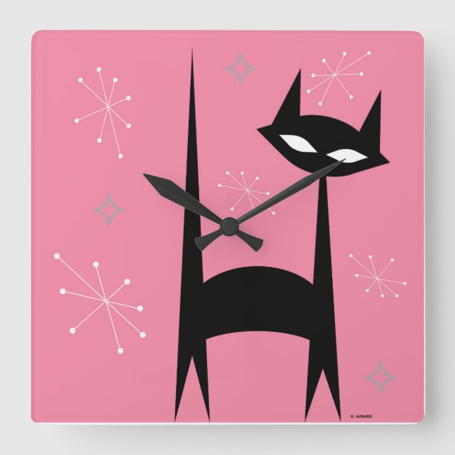 Cuadrado Reloj de arte pop rosado de gato negro retro de 50 (Anverso)