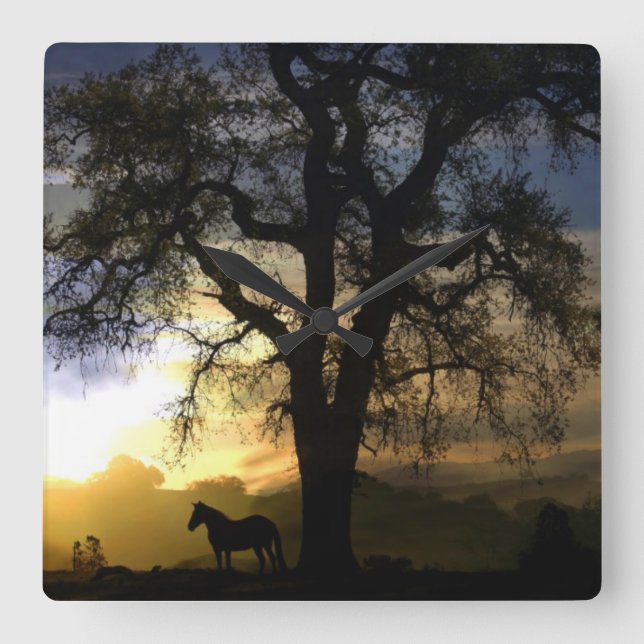 Cuadrado Reloj de atardecer de roble y caballo (Anverso)