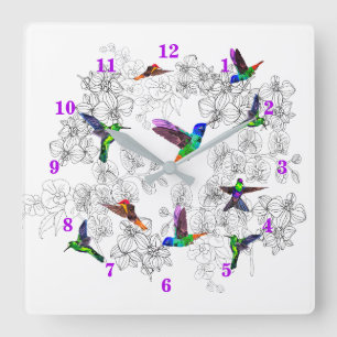 Cuadrado Reloj de aves primaverales - Hummingbirds