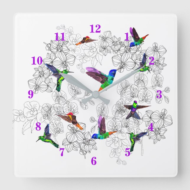 Cuadrado Reloj de aves primaverales - Hummingbirds (Anverso)