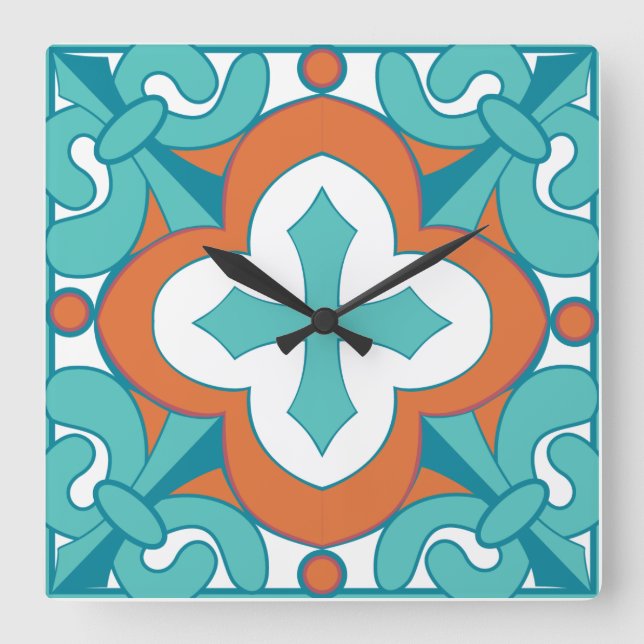 Cuadrado Reloj de Azulejos de Talavera - Naranja y Turquesa (Anverso)