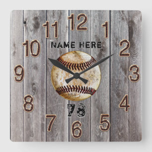 Cuadrado Reloj de béisbol personalizado de madera rústica f