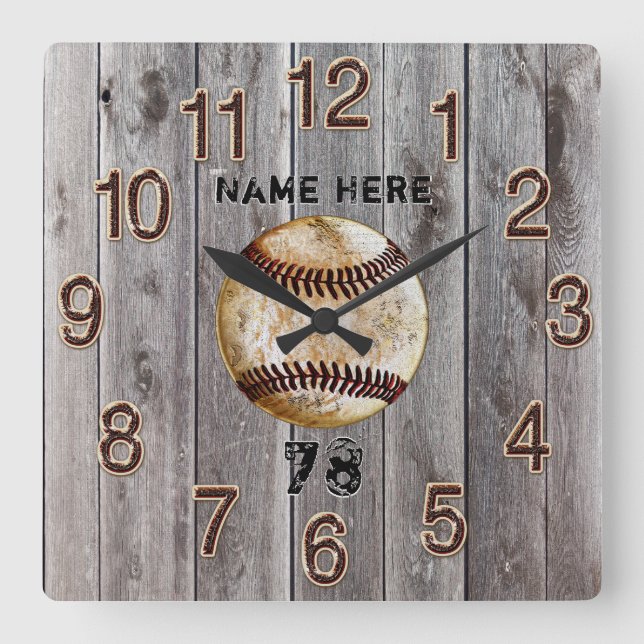 Cuadrado Reloj de béisbol personalizado de madera rústica f (Anverso)
