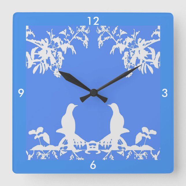 Cuadrado Reloj de bodas - Aves blancas en casa azul 4 (Anverso)