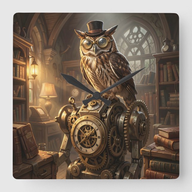 Cuadrado reloj de búho steampunk arte de engranajes (Anverso)