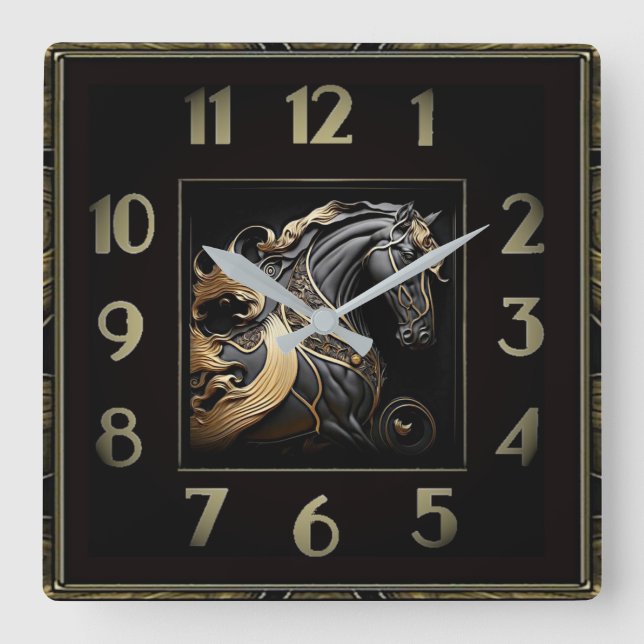 Cuadrado Reloj de caballo Art Deco negro y dorado (Anverso)