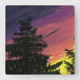 Cuadrado Reloj de Cedro y Atardecer