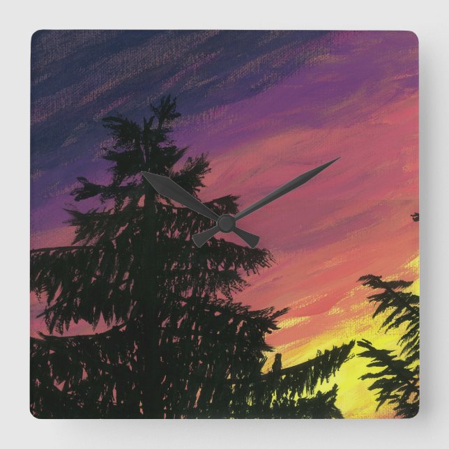Cuadrado Reloj de Cedro y Atardecer (Anverso)