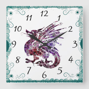 Cuadrado Reloj de dragón de arte chino rojo y púrpura
