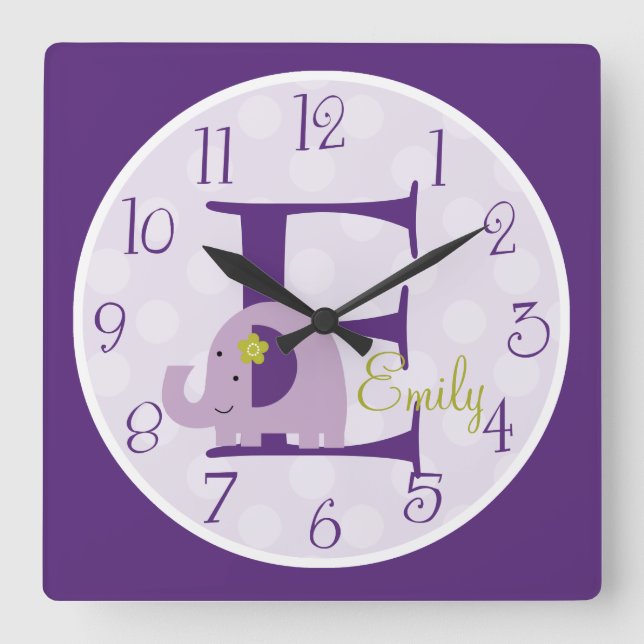 Cuadrado Reloj de elefante de lavanda personalizado (Anverso)