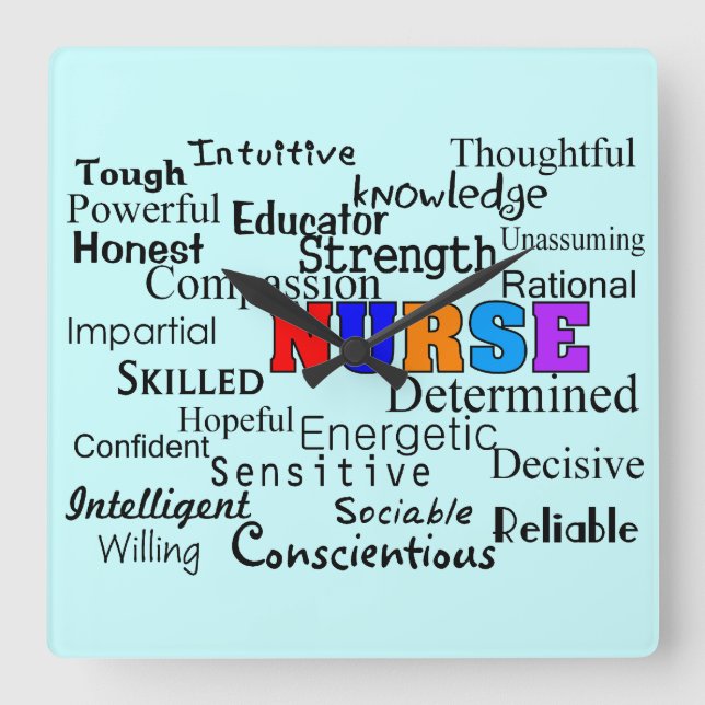 Cuadrado Reloj de enfermera "Palabras para describir" (Anverso)