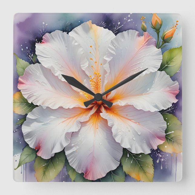 Cuadrado reloj de flor de hibisco blanco (Anverso)