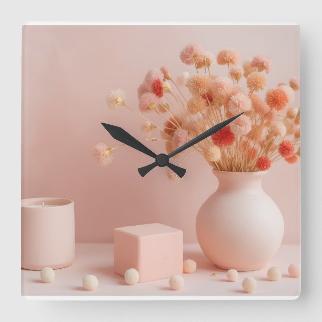 Cuadrado Reloj de flores secas boho rosa rubor (Anverso)