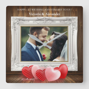 Cuadrado Reloj de foto elegante del 1er aniversario de boda