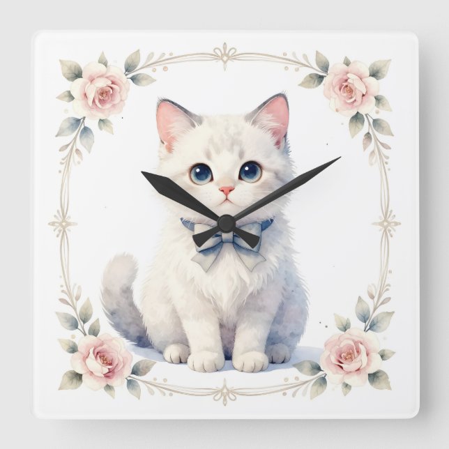 Cuadrado reloj de gato gatito lindo (Anverso)