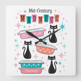 Cuadrado Reloj de gatos negros Starburst Retro Pyrex de med