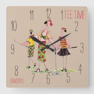 Cuadrado reloj de golf - tiempo de tee flamingo