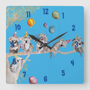 Cuadrado Reloj de guardería azul de Koala Watercolor Art