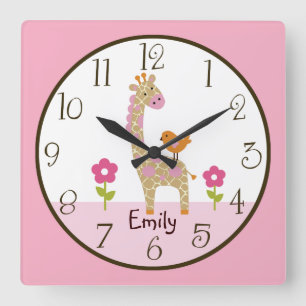 Cuadrado Reloj de guardería de jill Giraffe de jungla perso