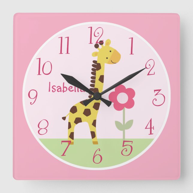 Cuadrado Reloj de guardería de jirafa cúrcuma personalizado (Anverso)