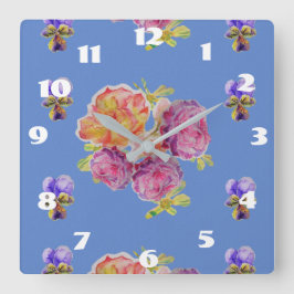 Cuadrado Reloj de habitación con flores de Shabby Chic Blue
