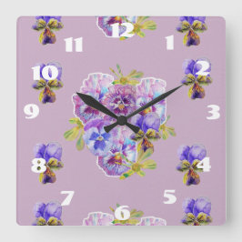 Cuadrado Reloj de habitación floral de pensamientos lilac c