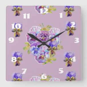 Cuadrado Reloj de habitación floral de pensamientos lilac c