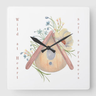 Cuadrado Reloj de ilustración de casa de pájaros floral acu
