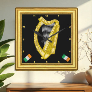 Cuadrado Reloj de Irlanda, marco dorado, arpa irlandesa, co