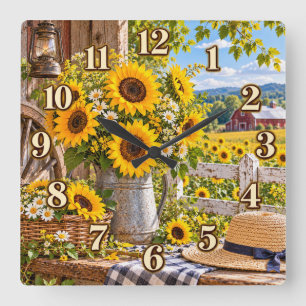 Cuadrado Reloj de jardín de granja del país de girasoles