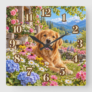 Cuadrado Reloj de jardín de montaña Golden Retriever