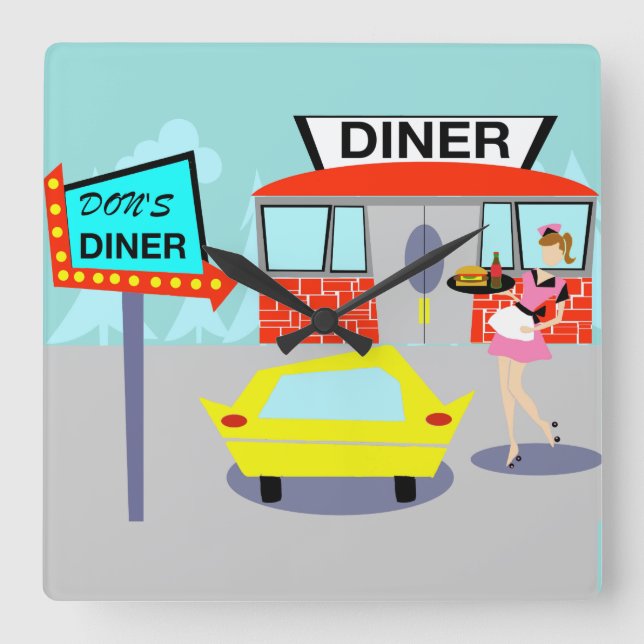 Cuadrado Reloj de la pared de Diner de los años 50 (Anverso)