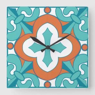 Cuadrado Reloj de la teja de Talavera - naranja y turquesa