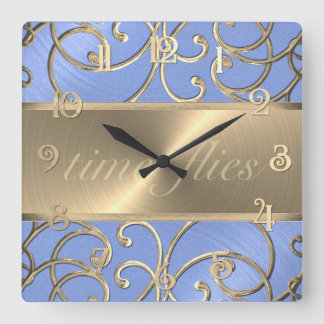 Cuadrado Reloj de las moscas de tiempo azul y oro