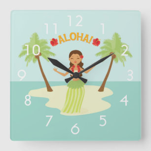 Cuadrado Reloj de Luau Chica Hula de Hawai con números