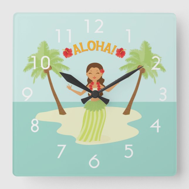 Cuadrado Reloj de Luau de niña Hula hawaiana linda con núme (Anverso)